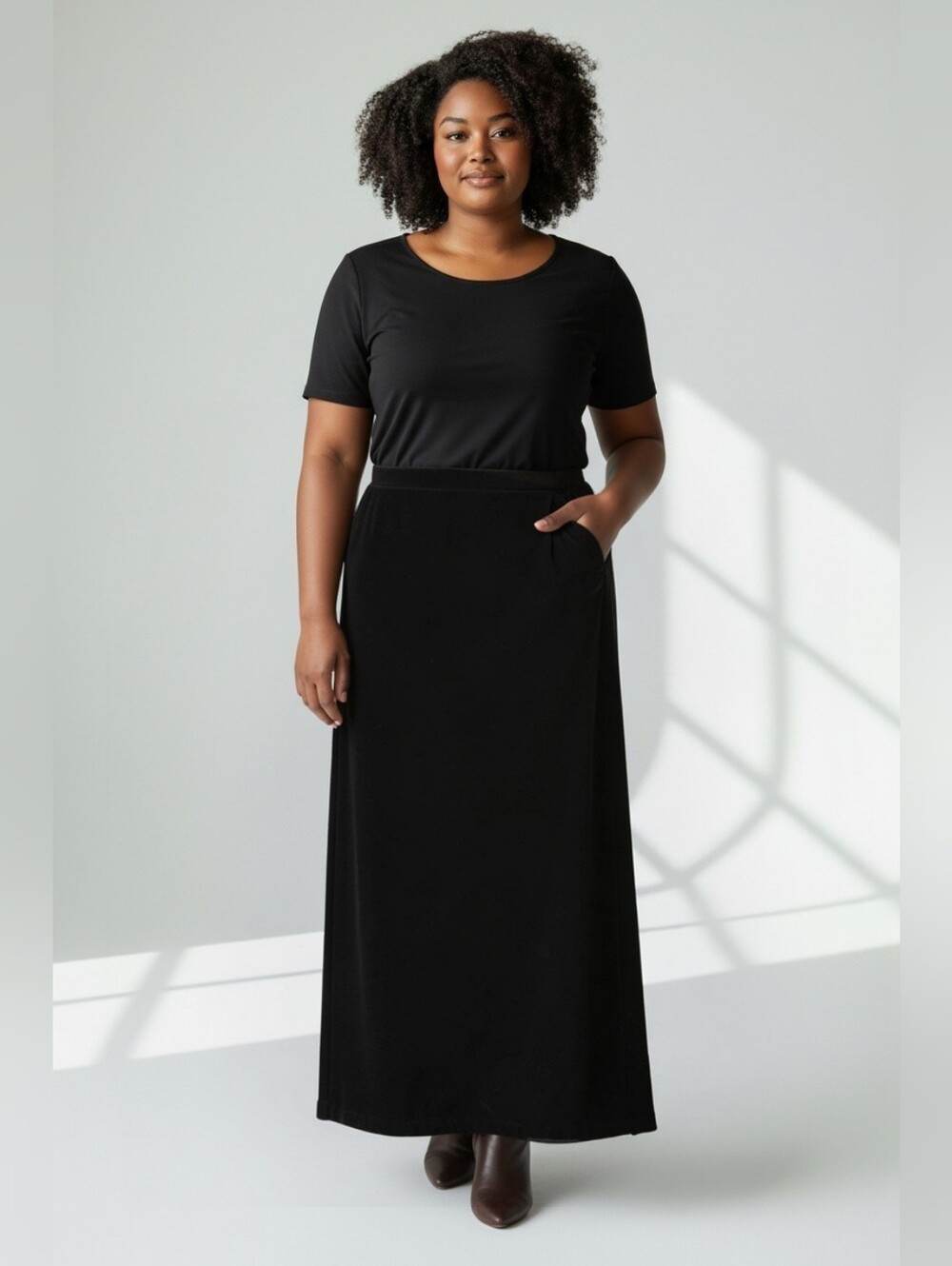 Denim & Co Elegant Black Velvet Look & Feel Poly/Spandex Maxi Skirt Size 1X